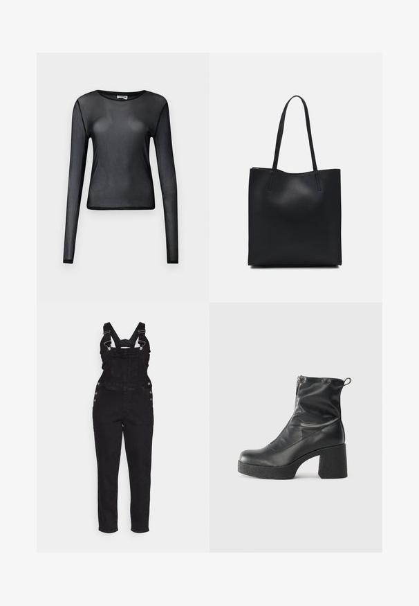 Must mustriivaga must pikkade varrukate topp, millel on ümar kaelus ja kitsas lõige, peenelt ääristatud servadega.; Mustmust värvi teksariided, reguleeritavate rihmadega, külg-nööbiga ja kitsenevate jalgadega. Ülemine osa sisaldab eesmist taskut ja klassikalist disaini.; Mustad mustad ansapüksid, mis on valmistatud siledast nahast, külje zipperiga, paksu tekstuuriga kontsaga ja ümmarguse nina disainiga.; Mustast nahast kott sujuva tekstuuriga, ristkülikukujuline ja kahe pika sangaga. Pole nähtavat riistvara ega kaunistusi.