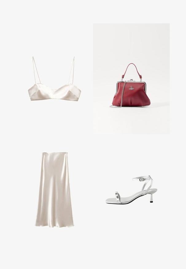Satinová braletka svetlej ivojvej farby, s tenkými ramienkami, štruktúrovaným dizajnom a jemným tvarom písmena V vpredu, s hladkou textúrou.; Saténová midi sukňa v krémovej farbe, s hladkou, lesklou textúrou a A-liniovým strihom. Jednoduchý dizajn bez ďalších ozdôb.; Strieborná sandál s oble špičkou, tenkým remienkom okolo členku a malým blokovým podpätkom. Hladký kovový povrch a minimalistický dizajn.; Červená kožená taška s strieborným reťazovým popruhom, okrúhly tvar, skladaný dizajn a kovová spona na vrchu. Ozdobená detailom loga.; Dvoje prepletených prsteňov vyrobených z lešteného strieborného kovu, s hladkými, zakrivenými tvarmi a lesklými povrchmi, ktoré sa mihotajú odrazmi.