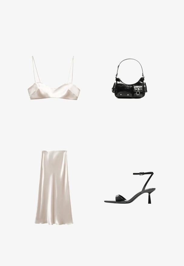 Bralet din satin în ivory deschis, cu bretele subțiri, un design structurat și o ușoară formă în V în față, având o textură netedă.; Fustă midi din satin în nuanța crem, având o textură netedă și lucioasă, cu o siluetă în formă de A. Design simplu, fără alte ornamente.; Bershka Sandale cu toc - black; Geantă de mână din piele lăcuită neagră, cu o formă curbată, un umăr, buzunare frontale și accente din metal argintiu.