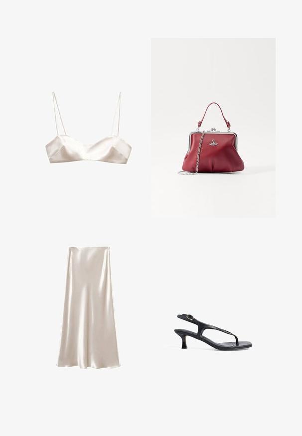 Satinová braletka svetlej ivojvej farby, s tenkými ramienkami, štruktúrovaným dizajnom a jemným tvarom písmena V vpredu, s hladkou textúrou.; Saténová midi sukňa v krémovej farbe, s hladkou, lesklou textúrou a A-liniovým strihom. Jednoduchý dizajn bez ďalších ozdôb.; Čierne kožené sandále s elegantným dizajnom, tenkými popruhmi a nízkym podpätkom. Obsahujú kovovú sponu a hladký, textúrovaný stielku.; Červená kožená taška s strieborným reťazovým popruhom, okrúhly tvar, skladaný dizajn a kovová spona na vrchu. Ozdobená detailom loga.; Dvoje prepletených prsteňov vyrobených z lešteného strieborného kovu, s hladkými, zakrivenými tvarmi a lesklými povrchmi, ktoré sa mihotajú odrazmi.