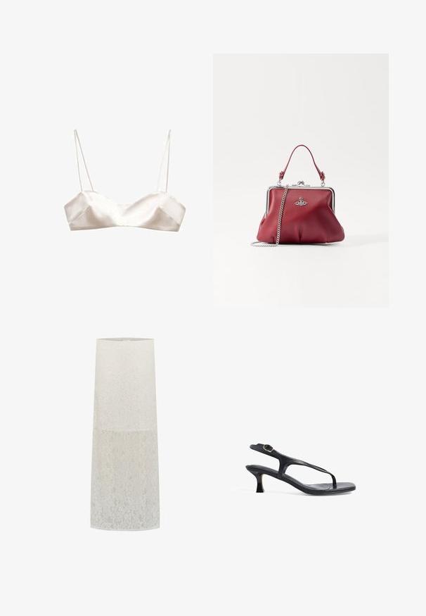 Satin bralette vaaleassa ivory-värissä, jossa on ohuet olkaimet, rakenteellinen muotoilu ja kevyt V-muoto etupuolella, sekä sileä pinta.; Valkoinen pitsivarjostin, sylinterin muotoinen, kukkakuviolla, läpikuultava pinta ja sileä yläreuna. Tukee standardikokoista hehkulamppua.; Mustat nahkasandaalit, joissa on hoikka muotoilu, ohuet hihnat ja pieni korko. Varustettu solkiyksityiskohdalla ja sileäpintaisella pohjalla.; Punainen nahkalaukku hopeaketjulla, pyöreä muoto, vekitettu muotoilu ja metallinen solki ylhäällä. Koristeltu logoyksityiskohdalla.; Kaksi toisiinsa kietoutunutta rengasta, jotka on valmistettu kiillotetusta hopeametallista, ja niissä on sileät, kaarevat muodot sekä kiiltävät pinnat ja heijastavat korostukset.