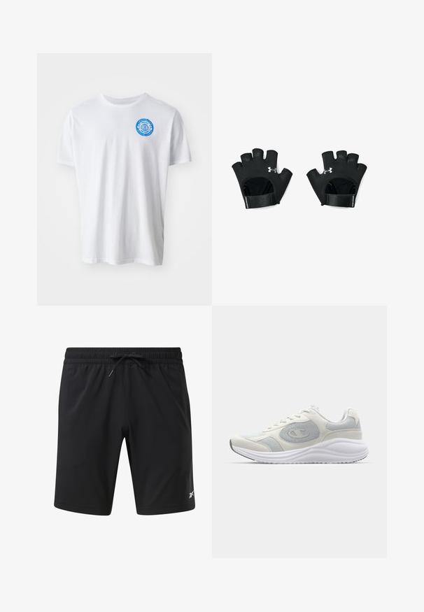 White cotton t-shirt with round neckline, short sleeves, and a blue circular graphic logo on the left chest. Soft texture, casual design.; Black athletic shorts with elastic waistband and adjustable drawstring, featuring a small white logo on the lower left leg.; White athletic shoe with light gray accents, mesh and suede materials, rounded toe, textured sole, and visible branding logo on the side.; Black, fingerless workout gloves with adjustable wrist strap. Features textured grip and prominent logo on the back. Durable material.
