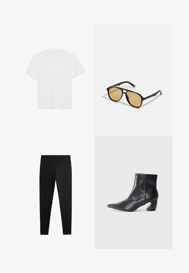 Bijela pamučna majica s kratkim rukavima, okruglim izrezom i ravnim rubom. Glatka tekstura, minimalistički dizajn bez uzorkâ ili akcenta.; Crne tajice izrađene od glatkog, rastezljivog materijala. Imaju široki pojas i suženi kroj nogavica, pogodne za aktivno ili ležerno nošenje.; Crne kožne gležnjače s šiljastim prstom, uskim siluetom i karakterističnom geometrijskom blok petom. Glatka tekstura s bočnim zatvaranjem na patentni zatvarač.; Crne sunčane naočale s smeškastim sočivima; pravokotni oblik s debelim okvirom, uključujući suptilne hardverske akcentne detalje na sljepoočnicama.