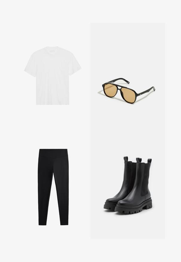 Fehér pamut póló rövid ujjakkal, kerek nyakkivágással és egyenes aljjal. Sima textúra, minimalista dizájn minta vagy díszítés nélkül.; Fekete leggings sima, rugalmas anyagból. Széles derékpánt és szűkülő lábzárás jellemzi, alkalmas aktív vagy laza viseletre.; Fekete bőr bokacsizmák rugalmas oldalsó panelek és húzófülek segítségével. Vastag gumitalpak, mély barázdákkal a jobb tapadás érdekében.; Fekete napszemüveg barna árnyalatú lencsékkel; téglalap alakú, vastag kerettel, a szárakon diszkrét fém részletekkel.