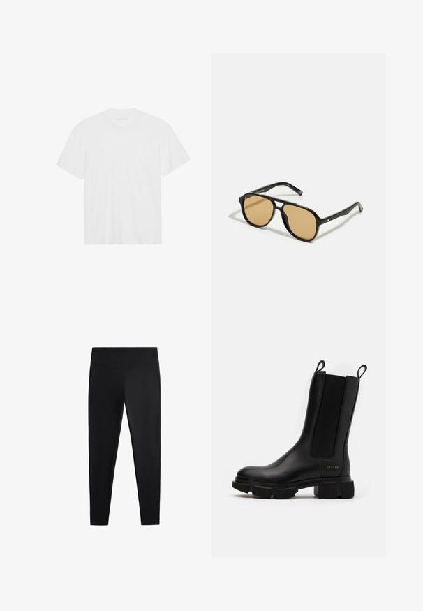 Bela bombažna majica s kratkimi rokavi, krožnim izrezom in ravnim robom. Gladka tekstura, minimalistična zasnova brez vzorcev ali okrasov.; Črne legice iz gladkega, raztegljivega blaga. Imajo širok pas in zožen dizajn nog, primeren za aktivno ali vsakodnevno nošenje.; Črne usnjene gležnjarje z elastičnimi stranskimi paneli, masivnim gumijastim podplatom in zankami za vlačenje. Imajo subtilno blagovno znamko embosirano na strani.; Črne sončne očala z rjavim odtenkom leč; pravokotna oblika s širokim okvirjem, vključno z diskretno kovinsko dekoracijo na obeh strani.