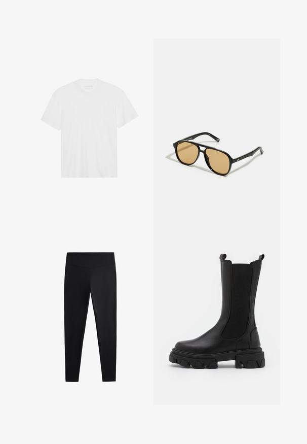 Bijela pamučna majica s kratkim rukavima, okruglim izrezom i ravnim rubom. Glatka tekstura, minimalistički dizajn bez uzorkâ ili akcenta.; Crne tajice izrađene od glatkog, rastezljivog materijala. Imaju široki pojas i suženi kroj nogavica, pogodne za aktivno ili ležerno nošenje.; Pavement INA - Čizme s platformom - black; Crne sunčane naočale s smeškastim sočivima; pravokotni oblik s debelim okvirom, uključujući suptilne hardverske akcentne detalje na sljepoočnicama.