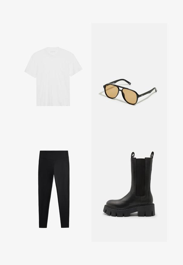 Biała bawełniana koszulka z krótkim rękawem, okrągłym dekoltem i prostym dołem. Gładka faktura, minimalistyczny design bez wzorów i akcentów.; Czarne legginsy wykonane z gładkiego, elastycznego materiału. Posiadają szeroki pas oraz zwężany krój nogawek, odpowiednie zarówno do aktywności fizycznej, jak i na co dzień.; Czarne skórzane botki za kostkę z elastycznymi panelami bocznymi, uchwytami do zakupu, grubą, żłobioną podeszwą i wzmocnionymi detalami szwów. Powierzchnia ma gładką teksturę.; Czarne okulary przeciwsłoneczne z brązowymi szkłami; prostokątny kształt z grubą oprawą, z delikatnymi akcentami na zausznikach.
