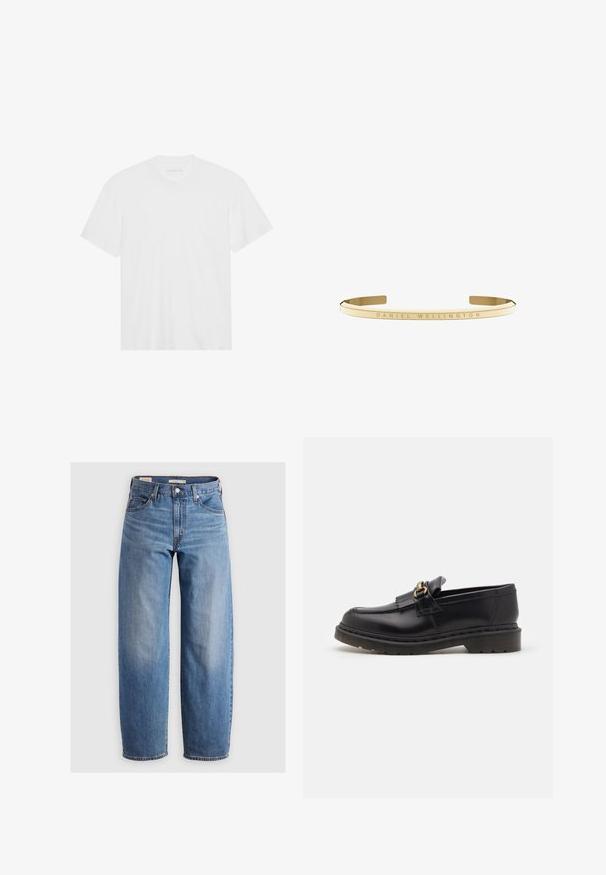 Balta kokvilnas t-kreklā ar īsām piedurknēm, apaļu kakla izgriezumu un taisnu apakšmalu. Gluda tekstūra, minimālistisks dizains bez rakstiem vai akcentiem.; Gaiši zilas taisnu kāju džinsus, kas izgatavoti no denima. Iespējas ietver klasisku piecu kabatu dizainu un vieglu izbalēšanu gar kājām.; Melni ādas loafers ar noapaļotu purngali, dekoratīvu fringu un zelta aksesuāriem. Bieza gumijas zole papildu saķerei un izturībai.; Zelta toņa metāla aproce ar gludu, spīdīgu virsmu un iegravētu "DANIEL WELLINGTON" detaļu pa aproces malu.
