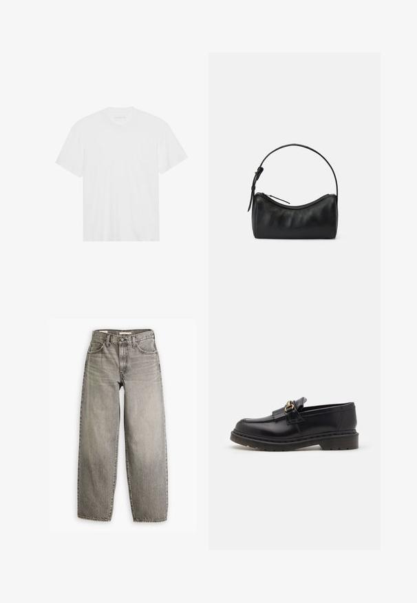 Balta medvilninė marškinė su trumpomis rankovėmis, apvaliu kaklu ir tiesiu apvadu. Lygus paviršius, minimalistiškas dizainas be raštų ar akcentų.; Šviesiai pilki plačios kojų džinsai su aukštu liemeniu, penkiais kišenėmis ir ryškiu siuvinėjimu. Yra išblukęs audinys ir nebaigtas apatinis kraštas.; Juodi odiniai loaferiai su apvalia nosimi, dekoratyvine frančiška ir auksiniu akcentu. Storas guminis padas, užtikrinantis geresnį sukibimą ir patvarumą.; Juodas odinis petinis krepšys su kreivėmis, užtrauktuko uždarymu ir plonu dirželiu. Pasižymi lygiu paviršiumi ir subtiliais siuvinėjimo akcentais.
