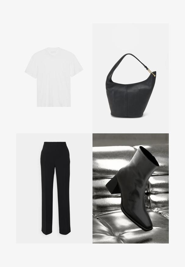 T-shirt en coton blanc à manches courtes, col rond et ourlet droit. Texture lisse, design minimaliste sans motifs ni accents.; Pantalons noirs à jambes droites avec une texture lisse. Dotés d'une taille et sans motifs ou accents visibles. Design classique et ajusté.; Botte noire à la cheville en matériau brillant avec un bout carré et un talon effilé, sur un fond argenté brillant et capitonné.; Sac à main en cuir noir avec une forme arrondie, une large bandoulière et une finition texturée. Présente un détail de couture subtil et un accent en métal doré.