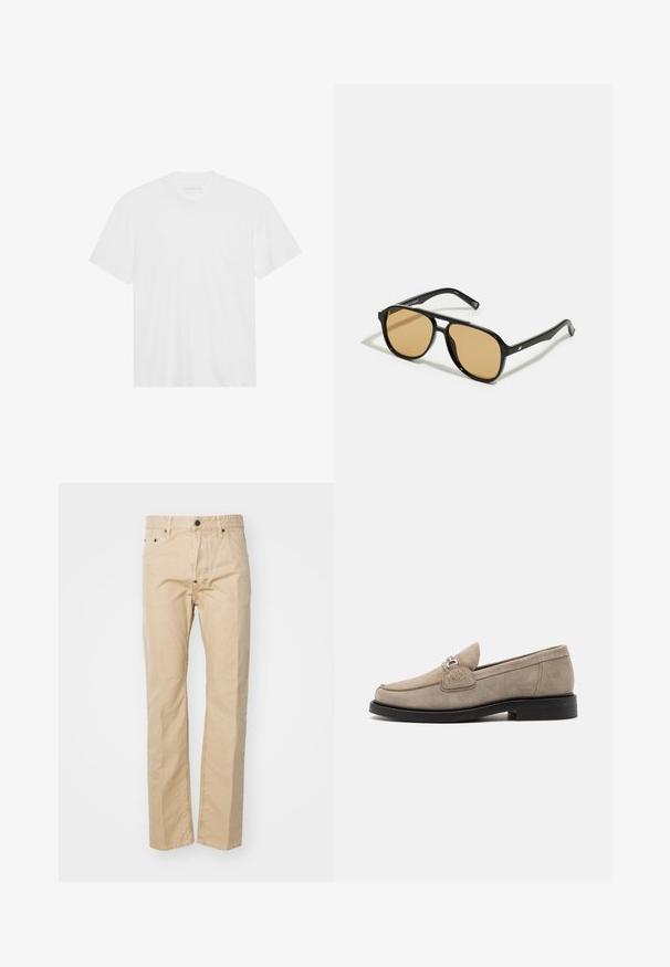 Hvid bomulds T-shirt med korte ærmer, rund halsudskæring og lige kant. Glat tekstur, minimalistisk design uden mønstre eller accenter.; Beige bomuldsbukser med lige ben, udstyret med knaplukning, bæltestropper og forlommer. Glat tekstur, minimal syning.; Beige ruskinds loafers med en flad sort sål, der har en dekorativ sølvspænde og subtile syninger på overdelen.; Sorte solbriller med brune tonede linser; rektangulær form med en tyk ramme, herunder diskrete hardwaredetaljer på stængerne.