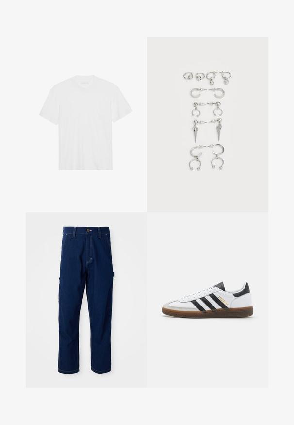 Bela bombažna majica s kratkimi rokavi, krožnim izrezom in ravnim robom. Gladka tekstura, minimalistična zasnova brez vzorcev ali okrasov.; Temno modri delovni hlače iz denima s ravnim krojem, z belimi šivi, zankami za pas, sprednjimi žepi in stransko zanko za orodja na beli površini.; beli usnjeni športni copat z črnimi semišo detajli, tremi črnimi črtami, bež gumijastim podplatom in zlatim logotipom "SPEZIAL" na strani.; Komplet srebrnih ušesnih uhani z različnimi oblikami: obroči, stud earrings in viseči slogi, z okroglimi poudarki in koničnimi elementi.