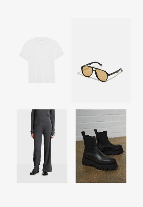 Witte katoenen t-shirt met korte mouwen, ronde hals en rechte zoom. Gladde textuur, minimalistisch ontwerp zonder patrons of accenten.; Grijze ribgebreide trui en brede broek, met lange mouwen, een getailleerde pasvorm en een zachte textuur, gecombineerd met zwarte schoenen.; Zwarte leren enkellaarzen met elastische zijkanten, dikke zwarte plateauzolen en stiksels, met een instaplus voor eenvoudig aan- en uittrekken.; Zwarte zonnebril met bruin getinte lenzen; rechthoekige vorm met een dikke rand, inclusief subtiele hardware accenten op de veertjes.