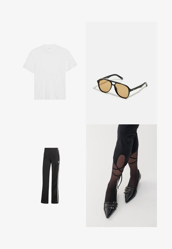 Biała bawełniana koszulka z krótkim rękawem, okrągłym dekoltem i prostym dołem. Gładka faktura, minimalistyczny design bez wzorów i akcentów.; Czarne spodnie sportowe o luźnym kroju, z białymi paskami po bokach i elastycznym paskiem w talii. Zawierają mały detal z logo po boku.; Czarne baleriny w szpic z paskiem z metalu, wykonane ze skóry, z gładkim wykończeniem, noszone z przezroczystymi czarnymi rajstopami.; Czarne okulary przeciwsłoneczne z brązowymi szkłami; prostokątny kształt z grubą oprawą, z delikatnymi akcentami na zausznikach.