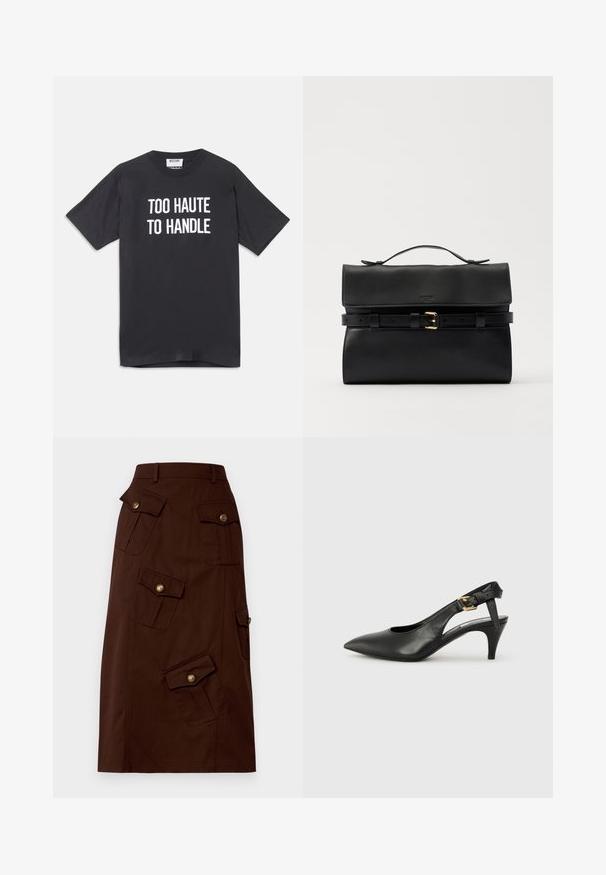 Tricou din bumbac negru cu mâneci scurte și guler rotund, având text alb care spune "PREA HOT PENTRU A FI MANEVRAT" pe față.; Fustă de bumbac de lungime până la genunchi, de culoare maro, cu multiple buzunare cu clapetă, decorate cu nasturi aurii și talie ajustată. Textură netedă.; Pantofii slingback din piele neagră, cu vârf ascuțit, toc mic și detaliu cu cataramă pe brățara gleznei. Textură netedă, design minimalist.; Geantă de umăr din piele neagră cu clapetă rabatabilă, detalii cu cataramă și mâner de sus. Textură netedă și design minimalist, potrivită pentru diverse ocazii.