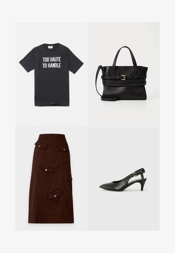 Black cotton t-shirt with short sleeves and round neckline, featuring white text that reads "TOO HAUTE TO HANDLE" on the front.; Brown knee-length skirt made of cotton with multiple flap pockets featuring gold buttons and a fitted waistband. Smooth texture.; Black leather slingback pump with a pointed toe, small heel, and a buckle detail on the ankle strap. Smooth texture, minimalist design.; Black leather handbag with structured design, dual top handles, detachable strap, and gold buckle accent on a horizontal band.