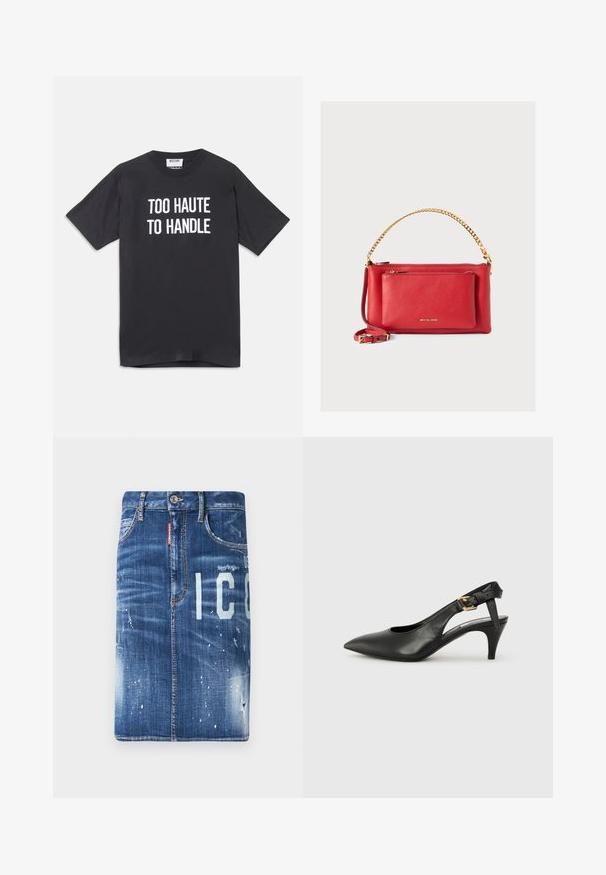 Schwarzes Baumwoll-T-Shirt mit kurzen Ärmeln und rundem Ausschnitt, auf der Vorderseite mit weißem Text, der "TOO HAUTE TO HANDLE" lautet.; Jeansrock in Dunkelblau mit abgenutzten Details, hellen Ausbleichungen und bedruckten Buchstaben. Mit normalem Taillenbund und Reißverschluss.; Schwarze Leder Slingback-Pumpe mit spitzem Absatz, kleinem Absatz und einer Schnalle am Knöchelriemen. Glatte Textur, minimalistisches Design.; Rote Lederhandtasche mit strukturiertem Finish, goldener Kette und Riemen, vorderer Reißverschluss-Schlupf, und geprägtem Logo. Kompaktes und strukturiertes Design.