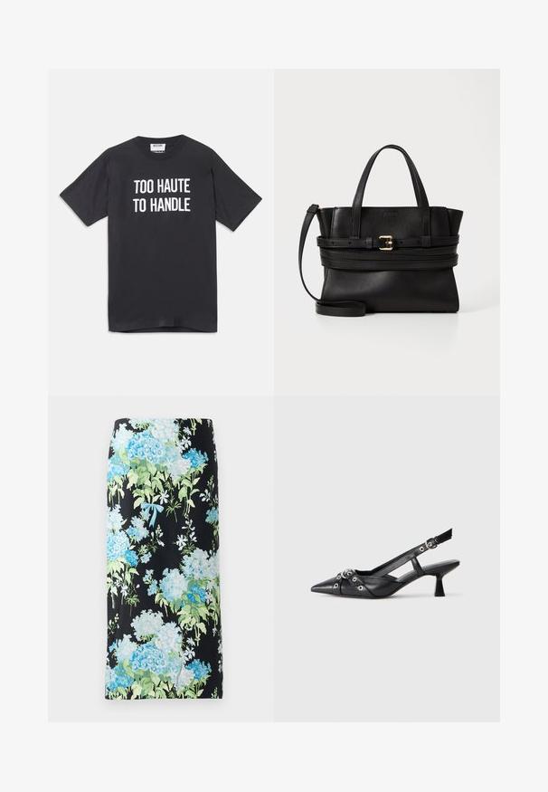 Fekete pamut póló rövid ujjakkal és kerek nyakkivágással, elöl fehér felirattal: "TÚL FORRÓ AHHOZ, HOGY KEZELNI TUDJUK".; Fekete szövetből készült virágos ceruzaszoknya, amelyen nagy kék és zöld hortenzia, valamint kis fehér virágok találhatók, világoskék masnival kiemelve.; Fekete bőr slingback cipő hegyes orral, dekoratív pántokkal, fém szemekkel és alacsony blokk sarkú. Texturált felület.; Fekete bőr kézitáska strukturált dizájnnal, párhuzamos felső fogantyúkkal, levehető pánttal és arany csat díszítéssel egy vízszintes sávon.