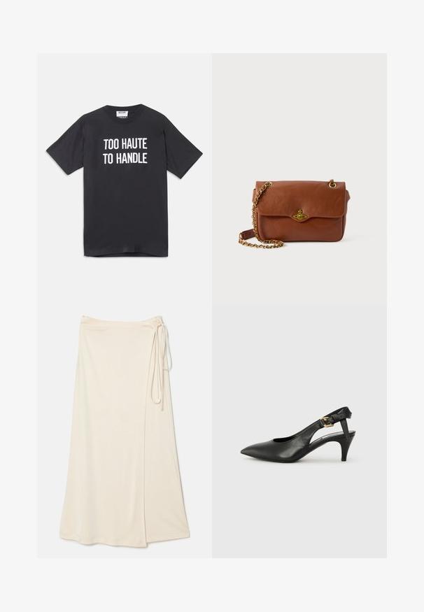 Camiseta de algodón negra con mangas cortas y cuello redondo, que presenta un texto blanco que dice "DEMASIADO CALIENTE PARA MANEJAR" en el delantero.; Falda envolvente beige hecha de una tela suave y ligera, con un lazo en la cintura y una abertura lateral para mayor libertad de movimiento.; Zapato de tacón destalonado de cuero negro con punta afilada, tacón pequeño y detalle de hebilla en la correa del tobillo. Textura suave, diseño minimalista.; Bolso cruzado de cuero marrón con cierre de solapa, herrajes dorados y correa de cadena. Textura suave, forma rectangular, con un diseño mínimo.