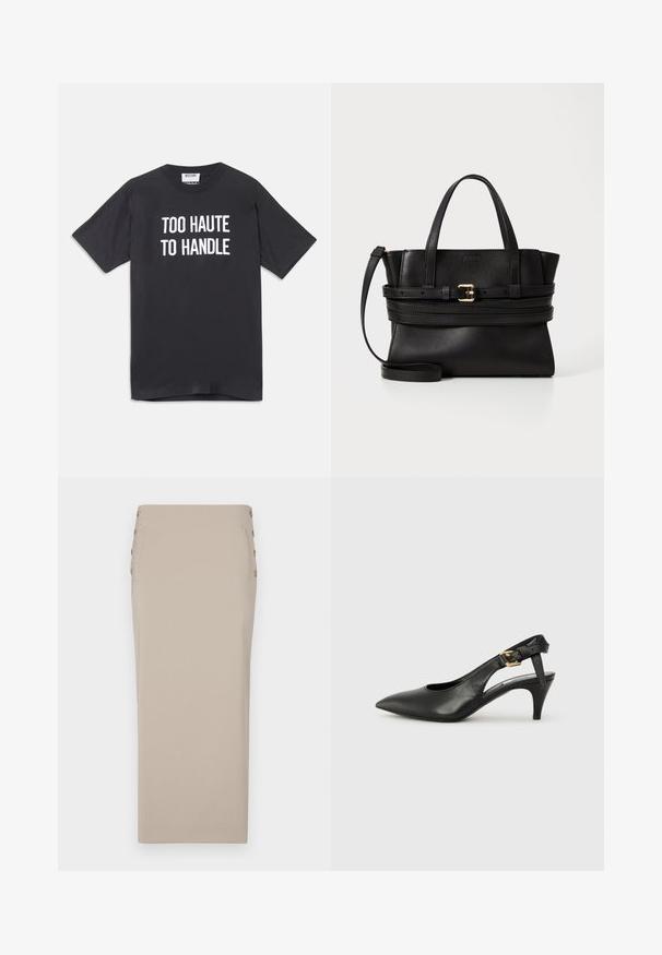 Černé bavlněné tričko s krátkým rukávem a kulatým výstřihem, na přední straně s bílým nápisem "TOO HAUTE TO HANDLE".; Béžová tužková sukně z hladké látky, s bočními knoflíky, elegantním siluetu a bez viditelných kapes či vzorů.; Černé kožené lodičky se slingback, špičatou špičkou, malým podpatkem a detailem s přezkou na pásku kolem kotníku. Hladká textura, minimalistický design.; Černá kožená kabelka se strukturovaným designem, dvojitými horními uchy, odnímatelným popruhem a zlatým zdobením na horizontálním pásku.