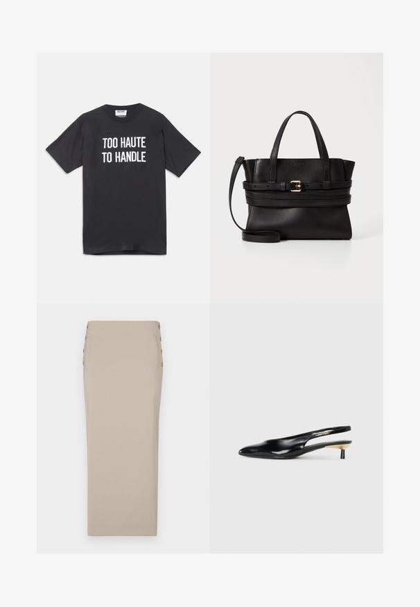 Fekete pamut póló rövid ujjakkal és kerek nyakkivágással, elöl fehér felirattal: "TÚL FORRÓ AHHOZ, HOGY KEZELNI TUDJUK".; Bézs ceruzaszoknya sima anyagból, oldalsó gombokkal, áramvonalas sziluettel, látható zsebek vagy minták nélkül.; Fekete slingback pump, hegyes orral, fényes bőr felülettel és kis sarokkal, arany kiegészítéssel. Elegáns kialakítás nyitott háttal.; Fekete bőr kézitáska strukturált dizájnnal, párhuzamos felső fogantyúkkal, levehető pánttal és arany csat díszítéssel egy vízszintes sávon.