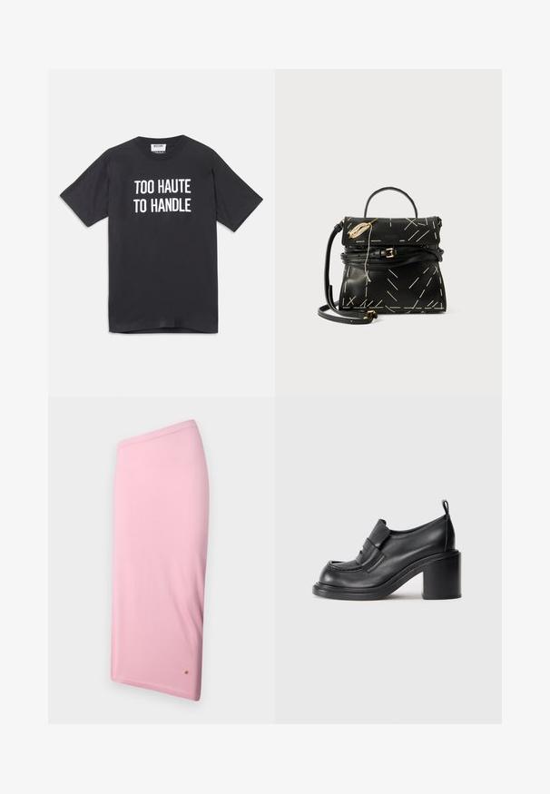 Čierne bavlnené tričko s krátkymi rukávmi a okrúhlym výstrihom, na prednej strane s bielym textom "TOO HAUTE TO HANDLE".; Ružová sukňa po kolená vyrobená z hladkej látky, s jednoduchým dizajnom, skrytým pásom a malým logom na leme.; Čierne kožené topánky na podpätku s okrúhlou špičkou, výrazným pásom cez priehlavok a robustným podpätkom. Hladká textúra s minimálnym prešitím.; Čierna kožená kabelka s geometrickým bielym prešívaním, horným uchom a odnímateľným ramenným popruhom. Obsahuje zlaté akcenty a zipsové uzatváranie.