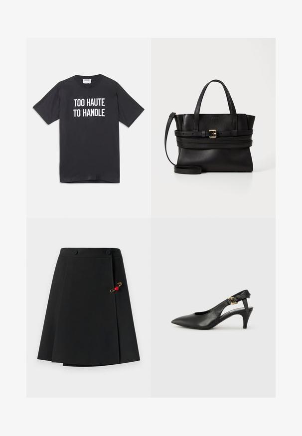 Must must nohikuga mustriga t-särk, lühikeste varrukatega ja ümmarguse kaelusega, mille esiküljel on valge tekst "TOO HAUTE TO HANDLE".; Mustatud seelik flared disainiga, millel on kaks esistuppa ning kuldne aktsent punase südame detailiga küljes. Sile kangas.; Must musträkkidega must nahast slingback-kontsaking, millel on terav nina, väike konts ja pandla detail pahkluu rihmal. Sile tekstuur, minimalistlik disain.; Mustmust leatherist kott, millel on struktureeritud disain, kahekordne ülemine käepide, eemaldatav rihm ja kuldne pandlaaksent horisontaalsel ribal.
