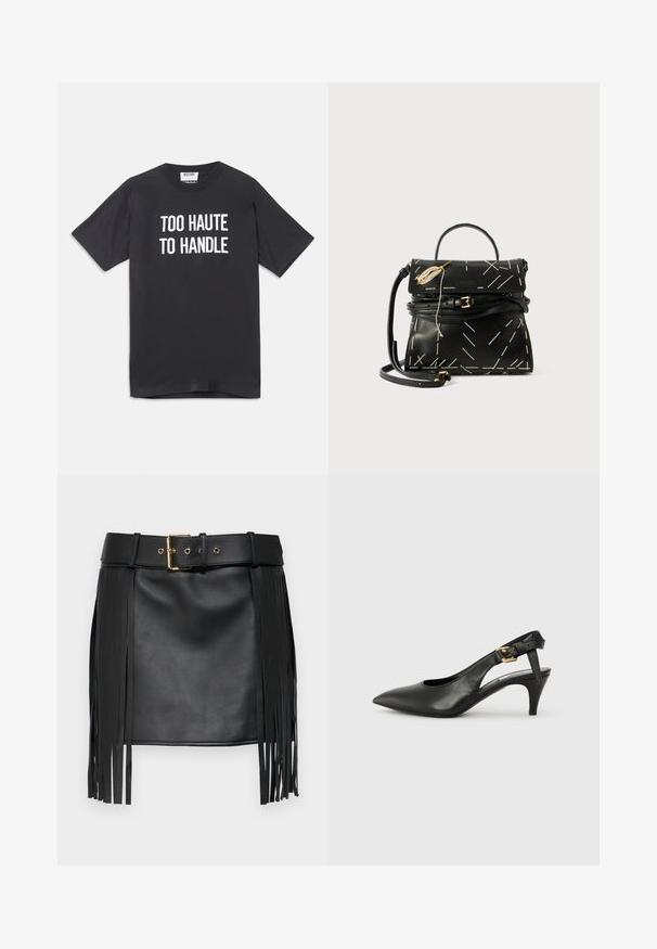 Fekete pamut póló rövid ujjakkal és kerek nyakkivágással, elöl fehér felirattal: "TÚL FORRÓ AHHOZ, HOGY KEZELNI TUDJUK".; Fekete műbőr szoknya fröccsöntött részletekkel. Széles övvel rendelkezik, arany csattal és több állítható lukgal. Sima textúra.; Fekete bőr slingback szivattyú hegyes orral, kis sarokkal és csat részlettel a bokapánton. Simaság, minimalista dizájn.; Fekete bőr kézitáska geometriai fehér varrással, felső fogantyúval és levehető vállpánttal. Arany kiegészítők és cipzáras záródás jellemzi.