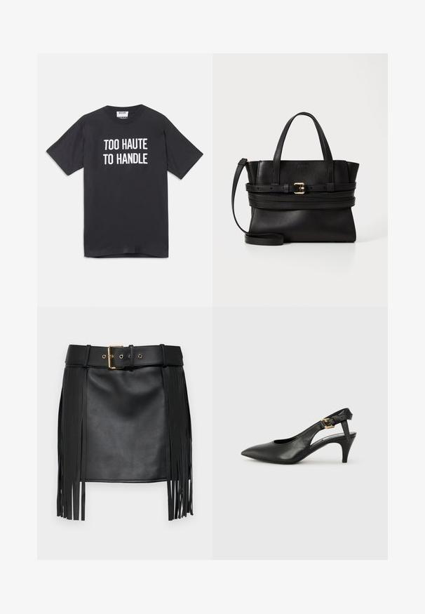 Camiseta de algodón negra con mangas cortas y cuello redondo, que presenta un texto blanco que dice "DEMASIADO CALIENTE PARA MANEJAR" en el delantero.; Falda de imitación de cuero negra con detalles de flecos. Cuenta con un cinturón ancho con una hebilla dorada y múltiples agujeros de ajuste. Textura suave.; Zapato de tacón destalonado de cuero negro con punta afilada, tacón pequeño y detalle de hebilla en la correa del tobillo. Textura suave, diseño minimalista.; Bolso de mano de cuero negro con diseño estructurado, asas superiores dobles, correa desmontable y un acento de hebilla dorada en una banda horizontal.