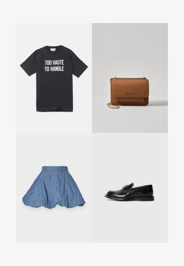 Zwart katoenen t-shirt met korte mouwen en ronde halslijn, met witte tekst die "TOO HAUTE TO HANDLE" op de voorkant weergeeft.; Ksenia Schnaider QUILTED MINI SKIRT - Minirok - light blue; Zwarte leren instapper met een gestikt ontwerp, een kleine voorklep en een platte rubberen zool. Glad textuur met goudkleurige hardware accent.; Bruine lederen schoudertas met textuur, voorzien van een gouden kettingstrap en klepsluiting. De voorkant heeft een logo-detail en een zak onder de klep.