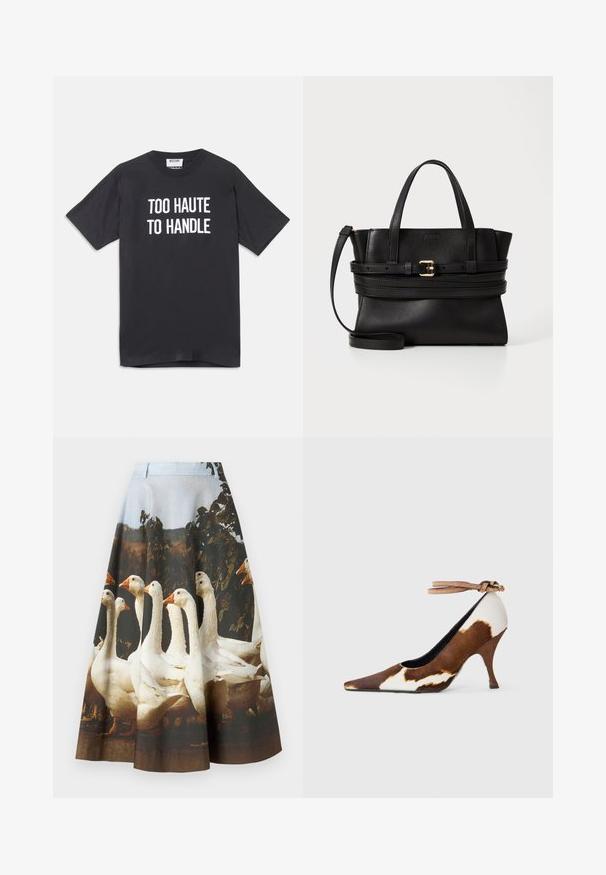 T-shirt nera in cotone con maniche corte e scollatura rotonda, con testo bianco che recita "TROPPO CALDA DA GESTIRE" sul davanti.; MOSCHINO SKIRT - Gonna a campana - multi coloured; Scarpa con tacco alto a stampa mucca marrone e bianca, con punta affusolata, superficie texturizzata e cinturino alla caviglia con fibbia marrone chiaro.; Borsa a tracolla in pelle nera con design strutturato, doppi manici superiori, strap rimovibile e accentuazione in oro su una fascia orizzontale.