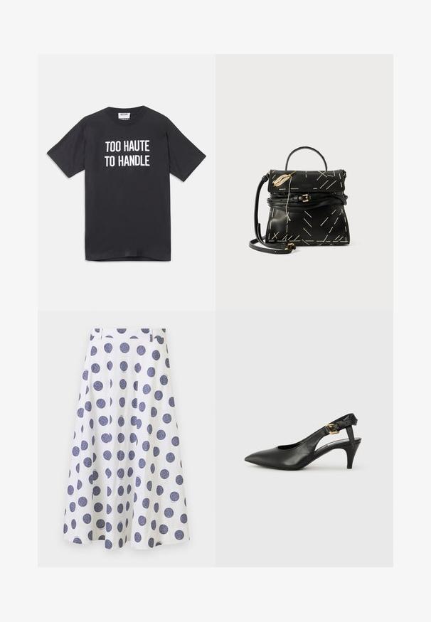 Camiseta de algodón negra con mangas cortas y cuello redondo, que presenta un texto blanco que dice "DEMASIADO CALIENTE PARA MANEJAR" en el delantero.; Una falda blanca hasta la rodilla con un diseño acampanado, que presenta grandes lunares azules marino. Tiene una textura suave y detalles de pliegues.; Zapato de tacón destalonado de cuero negro con punta afilada, tacón pequeño y detalle de hebilla en la correa del tobillo. Textura suave, diseño minimalista.; Bolso de mano de cuero negro con costuras geométricas blancas, un asa superior y una correa de hombro desmontable. Presenta detalles dorados y cierre con cremallera.