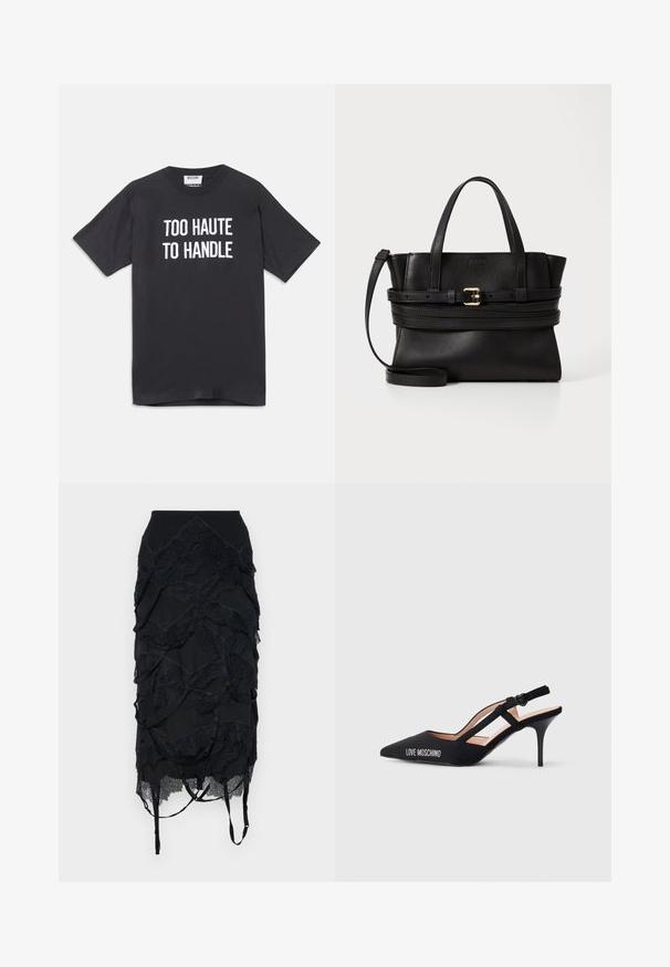 Čierne bavlnené tričko s krátkymi rukávmi a okrúhlym výstrihom, na prednej strane s bielym textom "TOO HAUTE TO HANDLE".; Čierna sukňa s vrstvenými čipkovými akcentmi, priliehavým pásom a nastaviteľnými popruhmi. Dizajn zahŕňa vlnený vzor po celom obvode.; Čierna sandálová lodička na vysokom opätku s špicatou špičkou, ktorá obsahuje pásikový dizajn a logo "LOVE MOSCHINO" na boku. Hladká textura.; Čierna kožená kabelka so štruktúrovaným dizajnom, dvojitými hornými uchami, odnímateľným popruhom a zlatým prackovým akcentom na horizontálnej páske.