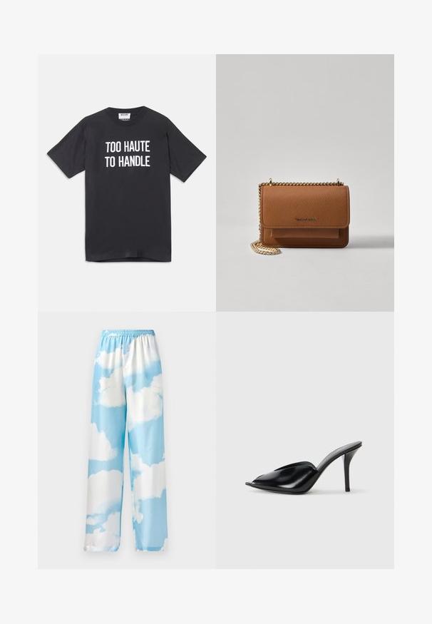 Tricou din bumbac negru cu mâneci scurte și guler rotund, având text alb care spune "PREA HOT PENTRU A FI MANEVRAT" pe față.; Pantaloni de culoare albastru cer, cu un model de nori, confecționați dintr-un material neted, cu un tiv elastic și picioare largi. Fără buzunare vizibile sau accesorii metalice.; Mule-uri negre din piele cu toc înalt, cu vârf deschis, design ascuțit, textură fină și toc subțire stiletto.; Geantă crossbody din piele texturată maro, cu curea din lanț aurit și închidere cu clapetă. Partea din față prezintă detalii cu logo și o buzunar sub clapetă.