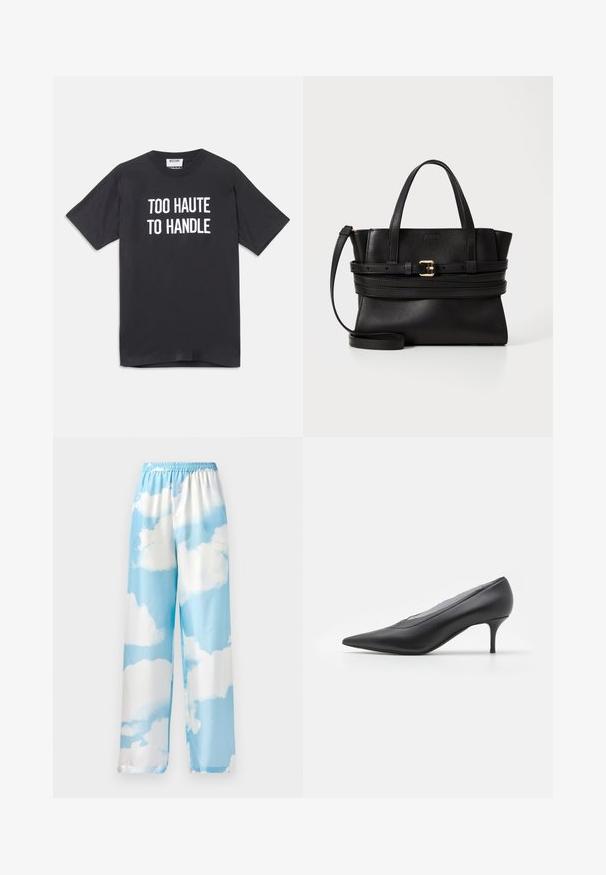 Black cotton t-shirt with short sleeves and round neckline, featuring white text that reads "TOO HAUTE TO HANDLE" on the front.; Sky blue pants featuring a cloud pattern, made of smooth fabric, with an elastic waistband and wide legs. No visible pockets or hardware.; Black pointed-toe high heel shoe made of smooth leather. Features a slender heel and minimalistic design with no visible embellishments.; Black leather handbag with structured design, dual top handles, detachable strap, and gold buckle accent on a horizontal band.