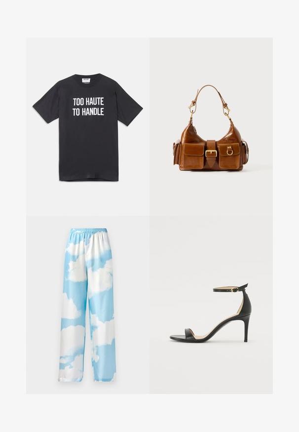 Zwart katoenen t-shirt met korte mouwen en ronde halslijn, met witte tekst die "TOO HAUTE TO HANDLE" op de voorkant weergeeft.; Lichtblauwe broek met een wolkenpatroon, gemaakt van gladde stof, met een elastische tailleband en wijde pijpen. Geen zichtbare zakken of hardware.; Zwarte leren hoge hak sandaal met enkelbandje. Heeft een gladde textuur, open teen en een dunne hak. Gouden gesp detail.; Bruine leren handtas met een gebogen vorm, dubbele gouden hardware, twee voorzakken en een brede schouderband. Soepele textuur met een elegante afwerking.