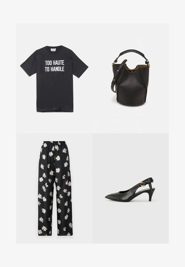 Tricou din bumbac negru cu mâneci scurte și guler rotund, având text alb care spune "PREA HOT PENTRU A FI MANEVRAT" pe față.; Pantaloni de pijama negri dintr-un material ușor, cu un tiv elastic, având un model de margarete albe cu centre portocalii în întreaga lor suprafață.; Pantofii slingback din piele neagră, cu vârf ascuțit, toc mic și detaliu cu cataramă pe brățara gleznei. Textură netedă, design minimalist.; Geantă din piele neagră în stil bucket, cu un finisaj texturat, accente din metal auriu și un compartiment deschis. Dispune de o mânere scurtă și un curea de umăr ajustabilă.