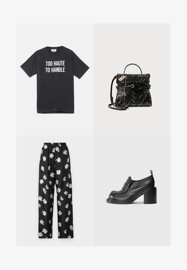 Černé bavlněné tričko s krátkým rukávem a kulatým výstřihem, na přední straně s bílým nápisem "TOO HAUTE TO HANDLE".; Černé pyžamo kalhoty z lehkého materiálu s elastickým pasem, s bílou květinovou vzorovou kostkou a oranžovými středy po celém povrchu.; Černé kožené boty na podpatku s kulatou špičkou, výrazným páskem přes nárt a robustním designem podpatku. Hladký povrch s minimálním šitím.; Černá kožená kabelka s geometrickým bílým prošíváním, horním držadlem a odnímatelným popruhem přes rameno. Vybavena zlatými akcenty a zipovým uzávěrem.