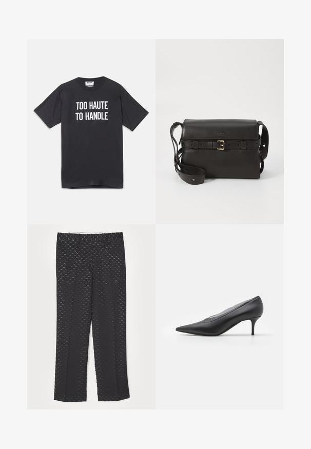 Černé bavlněné tričko s krátkým rukávem a kulatým výstřihem, na přední straně s bílým nápisem "TOO HAUTE TO HANDLE".; Černé kalhoty s jemným vzorem půlměsíce, rovný střih, hladká textilie a standardní design pasu.; Černá lodička s špičatou špičkou vyrobená z hladké kůže. Obsahuje štíhlý podpatek a minimalistický design bez viditelných ozdob.; Černá kožená kabelka se strukturovaným tvarem. Obsahuje zlatou přezku, nastavitelný popruh a hladkou texturu. Minimalistický design.