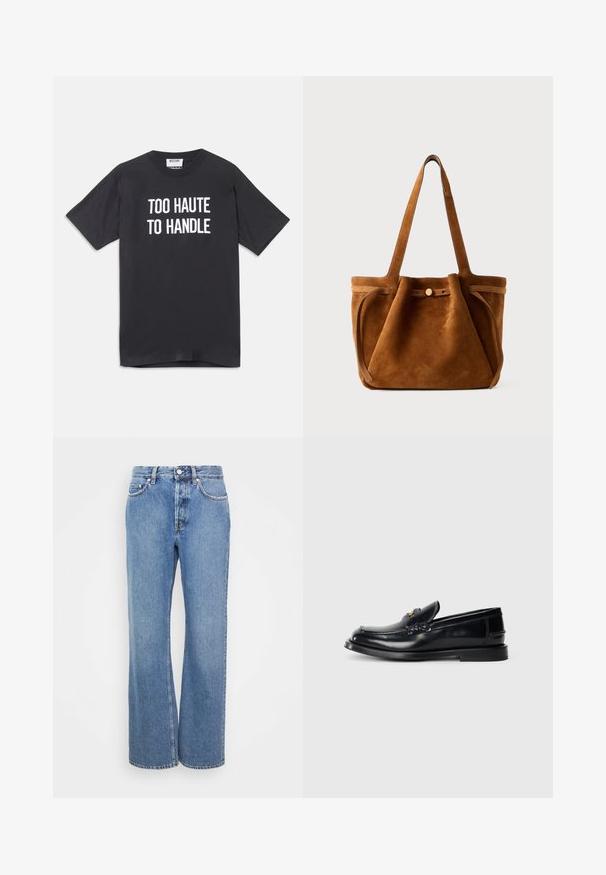 Črna bombažna majica s kratkimi rokavi in okroglim izrezom, ki na sprednji strani vsebuje beli napis "PREVISOKO ZA OBVLADOVANJE".; Svijetloplave traperice sa visokim strukom i ravnim, širokim nogavicama. Imaju klasične šavove od trapera i pet džepova. Glatka tekstura.; Črne usnjene loafer čevlje z izvišeno zasnovo, majhno sprednjo loputo in ravnim gumijastim podplatom. Gladka tekstura z zlatim kovinskim poudarkom.; Rjava nubuk torba za ramena z dvema ročajema, z loputo na gumb in sproščenim, rahlo ohlapnim oblikovanjem.
