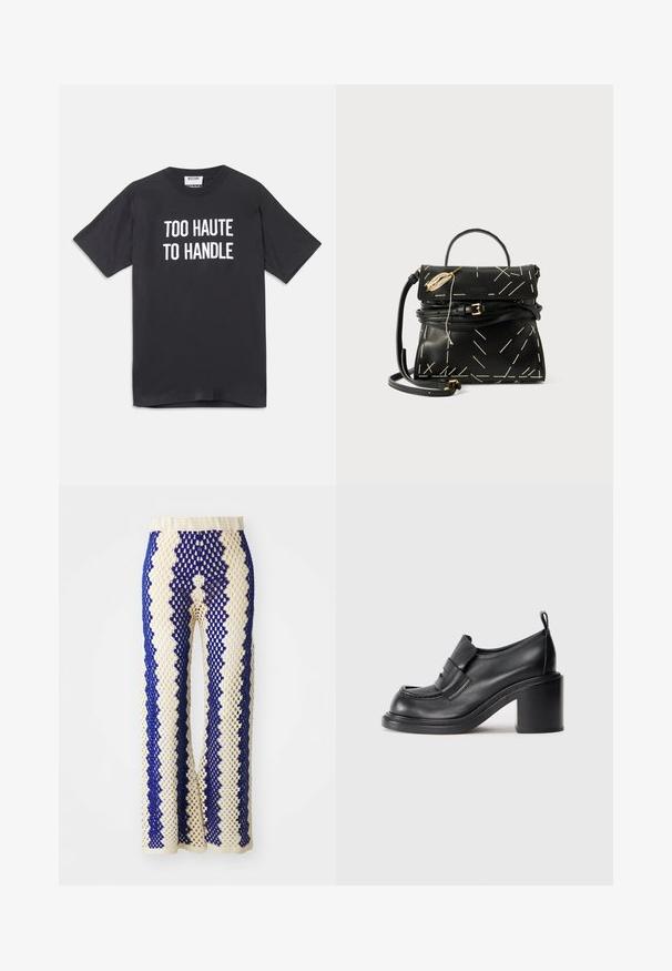 Mustapaita, jossa on lyhyet hihat ja pyöreä kaula-aukko, edessä valkoisilla kirjaimilla teksti "TROPPA HAUTOA KÄSITELLYTTÄVÄKSI".; Valkoiset ja tummansiniset virkatut leveälahkeiset housut, joissa on geometrinen kuosi, elastinen vyötärö ja avoin rakenteinen pinta kauttaaltaan.; Mustat nahkaiset korkokengät, joissa on pyöreä nenä, huomattava nauha vampin yli ja tukevan korko muotoilu. Tassun pinta on sileä ja ompeleet ovat minimaalista.; Musta nahkainen käsilaukku, jossa on geometrinen valkoinen ompelu, yläkahva ja irrotettava olkahihna. Korostaa kultaisia yksityiskohtia ja vetoketjukiinnikettä.