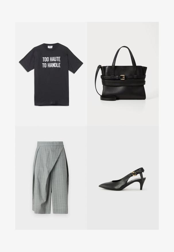 Black cotton t-shirt with short sleeves and round neckline, featuring white text that reads "TOO HAUTE TO HANDLE" on the front.; Gray checkered culottes with a tailored fit. Features a pleated design, contrasting vertical lines, and a flat waistband.; Black leather slingback pump with a pointed toe, small heel, and a buckle detail on the ankle strap. Smooth texture, minimalist design.; Black leather handbag with structured design, dual top handles, detachable strap, and gold buckle accent on a horizontal band.