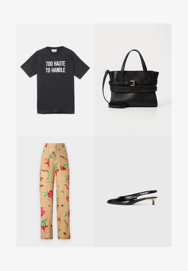 Tricou din bumbac negru cu mâneci scurte și guler rotund, având text alb care spune "PREA HOT PENTRU A FI MANEVRAT" pe față.; Pantaloni cu un model floral pe un fundal bej, prezentând flori roșii și verzi, cu accente negre. Design lejer cu buzunare laterale.; Pantof cu toc slingback negru, cu vârful ascuțit, finisaj din piele lucioasă și un toc mic cu un accent auriu. Design elegant cu spatele deschis.; Geantă de mână din piele neagră cu un design structurat, mânere superioare duale, curea detașabilă și accente din aur pe o bandă orizontală.