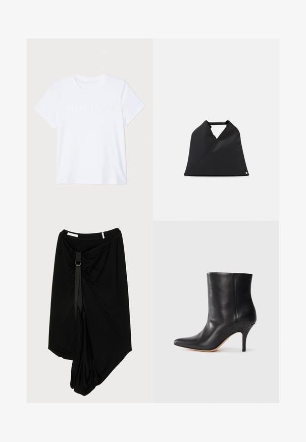 Valge puuvillane T-särk lühikeste varrukatega, millel on rinna kohal peenelt reljeefne "HELMUT LANG" logo. Ümar kaelus, sile tekstuur.; Must mustriga mustri, mis on valmistatud pehmest kangast, esiküljel on kogutud detail koos dekoratiivse rihma ja metallist rõngasaktsendiga.; Must musta jalatsid terava ninaga, õhukese stiletto kontsaga ja siledast nahast. Minimalistlik disain ilma nähtava riistvarata või aksessuaarideta.; Must must bag, millel asümmeetrilise disainiga ja tekstuurse pinnaga. Sellel on lihtne käepide ja peen logo aktsent.