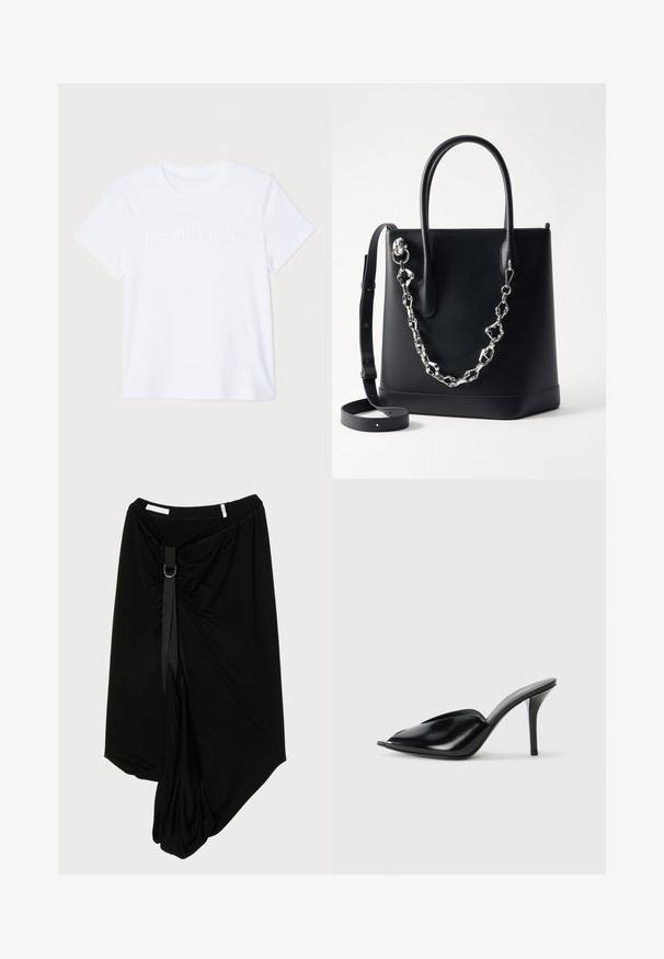 Balta medvilnės marškinėliai su trumpomis rankovėmis, su subtiliai įspauduotu "HELMUT LANG" logotipu per krūtinę. Apvalus kaklos iškirpimas, lygus tekstūra.; Juoda asimetriška sijonas, pagamintas iš minkštos medžiagos, su surinkta priekiu, dekoratyvine juostele ir metaliniu žiedu.; Juodos odinės aukštakulnės mules su atvira pirštine, smailiu dizainu, lygiu paviršiumi ir plonu stiletto kulnu.; Juodos odos rankinė su struktūrizuotu dizainu, su sidabriniu grandinės akcentu ir dviem rankenomis. Yra nuimama odinė petneša.