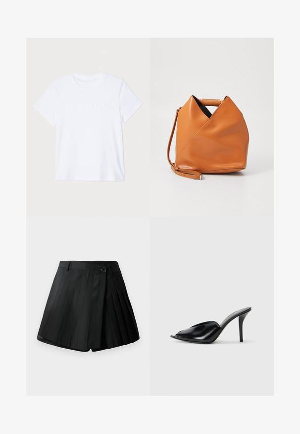 White cotton T-shirt with short sleeves, featuring subtle embossed "HELMUT LANG" logo across the chest. Round neckline, smooth texture.; Black pleated shorts featuring a flat front, button closure, and lightweight fabric. Detailed with sharp pleats and a clean hemline.; Black leather high-heeled mules with an open toe, pointed design, smooth texture, and a slim stiletto heel.; Tan leather handbag with unique triangular fold design, top handle, and detachable shoulder strap on white background.