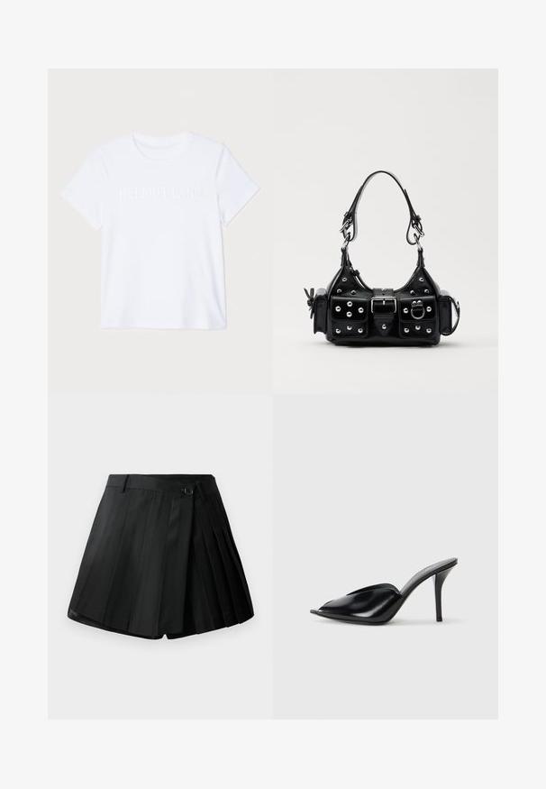 Balta medvilnės marškinėliai su trumpomis rankovėmis, su subtiliai įspauduotu "HELMUT LANG" logotipu per krūtinę. Apvalus kaklos iškirpimas, lygus tekstūra.; Juodos plisuotos šortai, pasižymintys plokščiu priekiu, sagčių uždarymu ir lengvu audiniu. Išsiskiria ryškiomis plisėmis ir švaria apdaila.; Juodos odinės aukštakulnės mules su atvira pirštine, smailiu dizainu, lygiu paviršiumi ir plonu stiletto kulnu.; Juodas odinis rankinukas su kreiviu dizainu, su sidabro spalvos knopkėmis, užsegimu ir dviem šoninėmis kišenėmis. Reguliuojama dirželis nešimui.