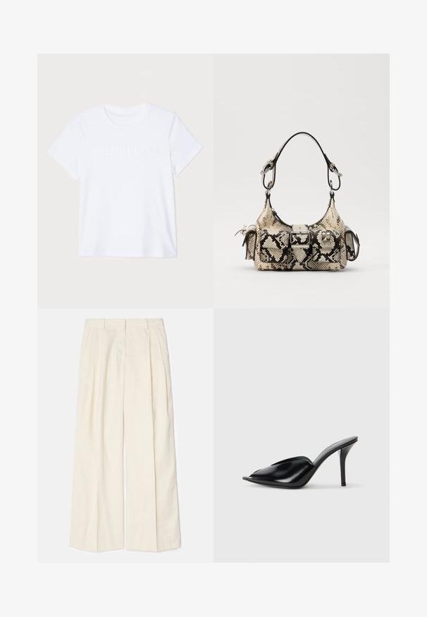 White cotton T-shirt with short sleeves, featuring subtle embossed "HELMUT LANG" logo across the chest. Round neckline, smooth texture.; Wide-leg trousers in a soft, light cream fabric. Features front pleats, belt loops, and a smooth texture. Tailored design with a clean finish.; Black leather high-heeled mules with an open toe, pointed design, smooth texture, and a slim stiletto heel.; Python-print handbag in beige and black, featuring a structured shape, buckle detail, and dual shoulder straps. Textured surface.
