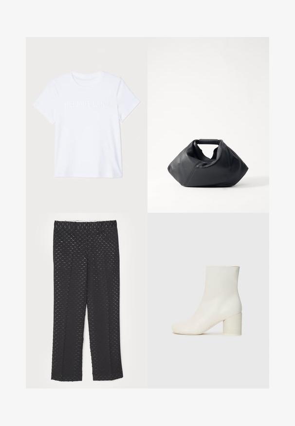 Weißes Baumwoll-T-Shirt mit kurzen Ärmeln, das das dezent geprägte Logo "HELMUT LANG" auf der Brust trägt. Rundhalsausschnitt, glatte Textur.; Schwarze Hose mit einem dezenten Muster von Halbmonden, geradem Schnitt, glatter Stofftextur und einem klassischen Bunddesign.; Weiße Leder-Stiefelette mit runder Zehenform und klobigem, zylindrischem Absatz. Glatte Oberfläche, minimalistisches Design, ohne sichtbare Beschläge oder Muster.; Schwarze Lederhandtasche mit strukturiertem Äußeren, einzigartiger zerknüllter Form und kurzem Henkel. Verfügt über ein einzelnes Hauptfach.