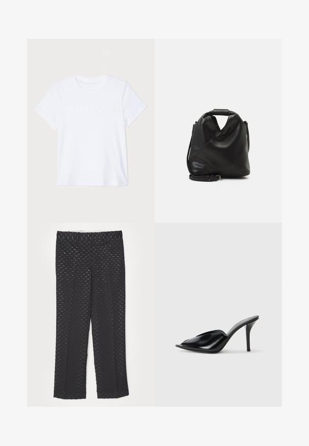 Witte katoenen T-shirt met korte mouwen, voorzien van subtiel reliëf "HELMUT LANG" logo over de borst. Ronde hals, zachte textuur.; Zwarte broek met een subtiel maantjespatroon, rechte pijpen, een gladde stoftextuur en een standaard taillebandontwerp.; Zwarte leren muiltjes met hoge hakken, open teen, spitse vorm, gladde textuur en een slanke stiletto-hak.; Zwarte, zachte leren tas met een unieke gedraaide vorm. Voorzien van een korte handgreep en een afneembare schouderriem. Minimalistische stijl.